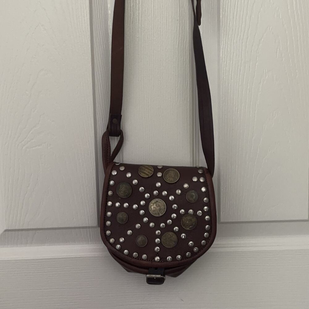 Leather Coin Crossbody Shoulder Bag Dark Brown Studded Antique Coins